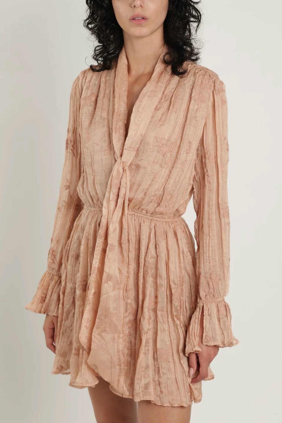 Mini dress with modern design-Dillon Pleated Long Sleeved Mini Dress Creme Latte Silk