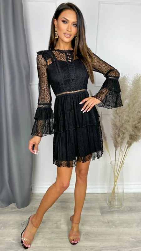 Two-piece cocktail dress-A1866 Carroll Black Lace Short Tiered Dress