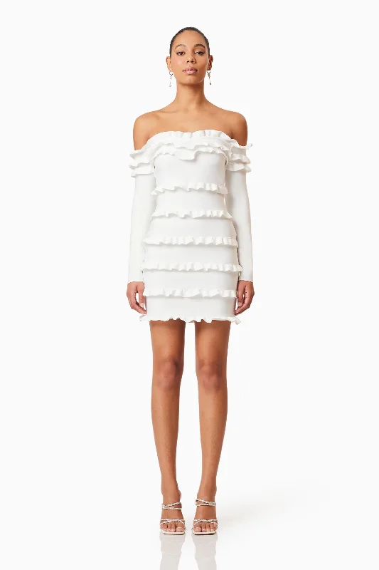 Mini dress with plunging neckline-Kimberly Long Sleeve Frilled Mini Dress in White