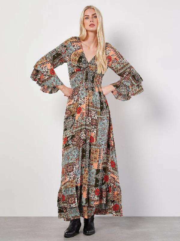 Maxi dress with metallic finish-Ap 841161 Patchwork Scarf Print Maxi Dress.