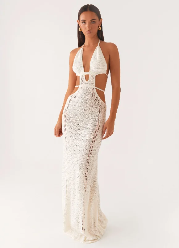 Maxi dress with beaded details-In Motion Cut Out Crochet Maxi Dress - White