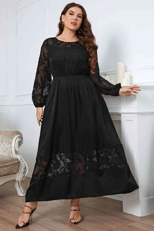 Maxi dress with shimmer fabric-Plus Size Embroidery Long Sleeve Maxi Dress