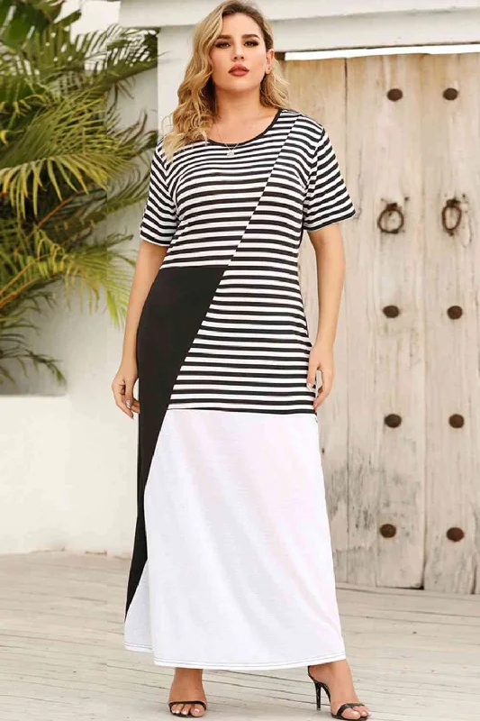 Cocktail dress with wrap design-Plus Size Striped Color Block Dress