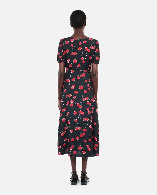 Maxi dress with high neckline-Cherry Printed Long Dress With Buttoning | Women | Black x Red