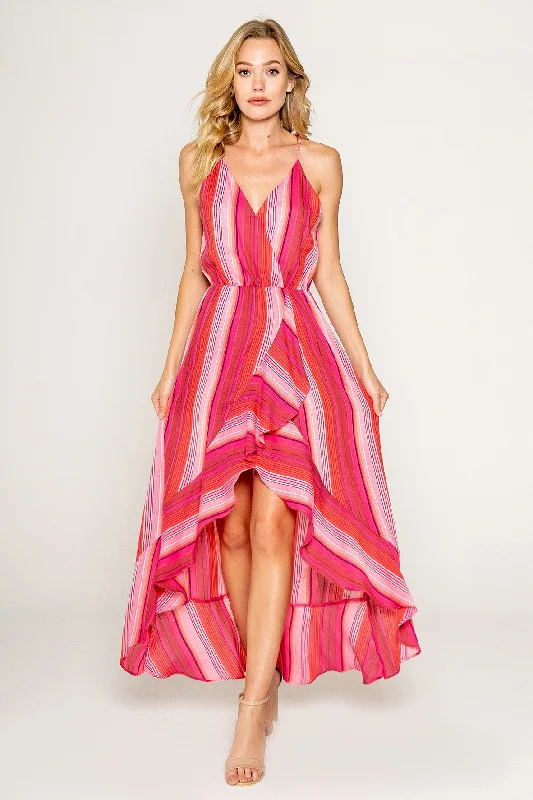 Maxi dress with sheer panels-Pink Yarn Dye Stripe Maxi Dress With Ruffle