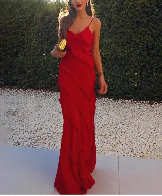 Maxi dress with one shoulder-Ruffles Chiffon Backless Split Maxi Red Christmas Party Dress