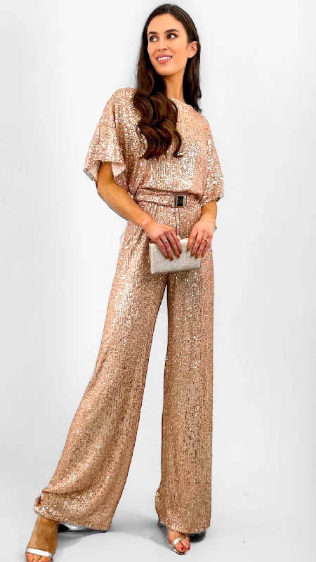 Cocktail dress for black tie events-A1205 Gold Sequin Jumpsuit