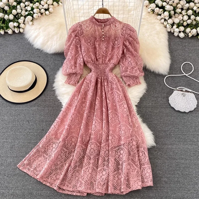 Maxi dress for beach vacation-puff sleeve lace dress bohemian long skirt     S4354