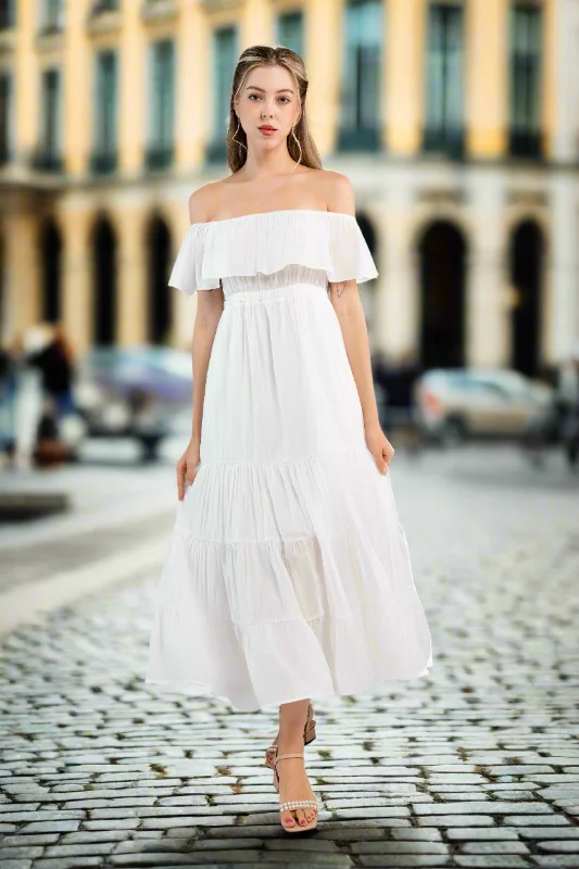 Maxi dress with velvet texture-Off the Shoulder Maxi Dress -White