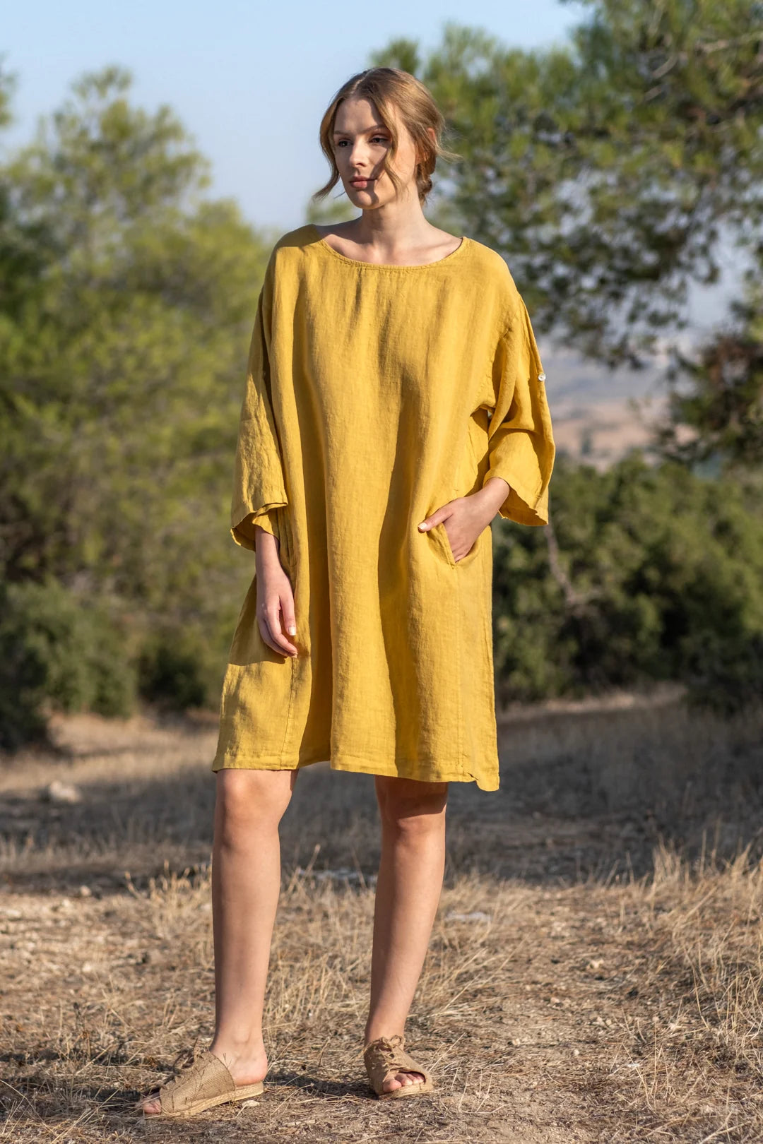 Mini dress with ruffled hem-Linen Oversized Mini Dress Mustard