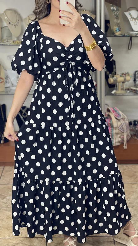 Maxi dress with bustier top-Polka Bubble Sleeve Maxi Dress