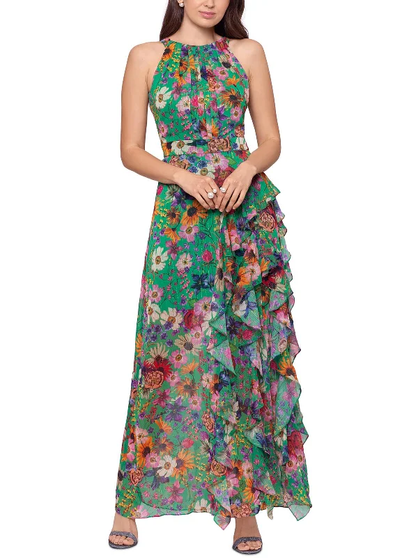 Maxi dress with cap sleeves-Petites Womens Floral Long Halter Dress