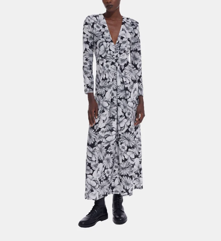 Maxi dress with artistic prints-Long Floral Silk Dress | Women | Black x White