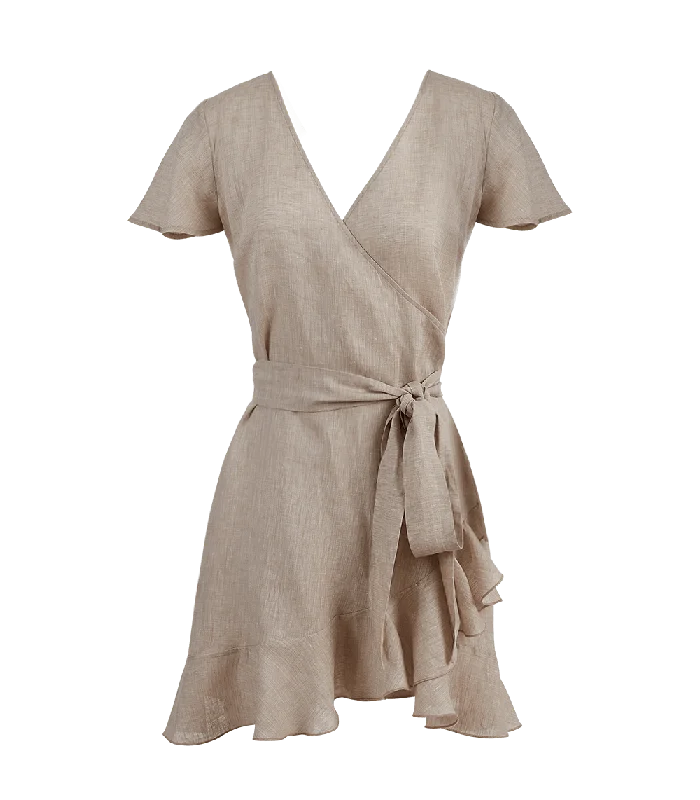 Mini dress with smocked bodice-Amalia Linen Mini Wrap Dress