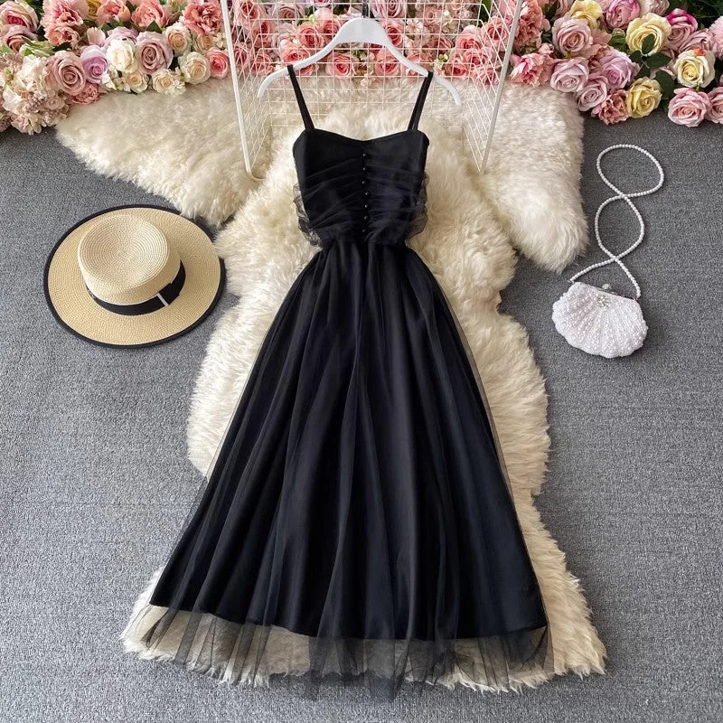 Maxi dress with velvet texture-sleeveless dress new suspender skirt mesh long skirt     S4187