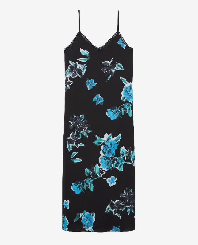 Maxi dress with sheer panels-Long Printed Slip Dress With Lace Details | Women | Black Blue