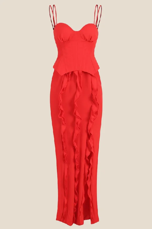 Maxi dress with cold shoulder-Double Straps Red Ruffle Long Dress with Slit