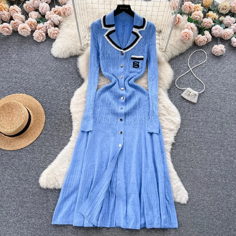 Maxi dress with nautical theme-knitted dress women embroidered sweater long skirt     S4519