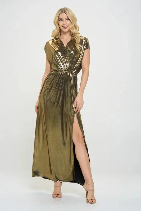 Maxi dress with animal print-Made in USA Sleeveless Metallic Maxi Dress