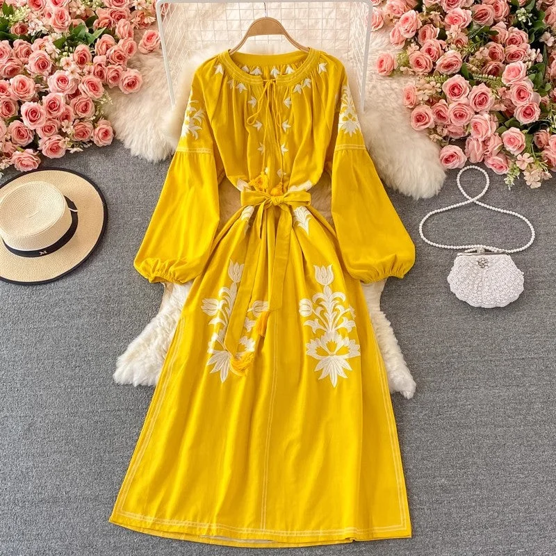 Maxi dress with quilted design-embroidered round neck lantern sleeve long dress bohemian dress for women      S4221