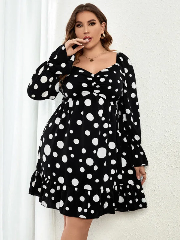 Green cocktail dress-Plus size polka dot casual long sleeves dress