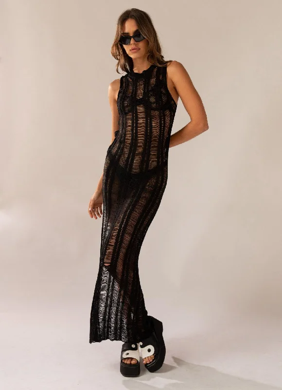 Maxi dress with glam touch-Perri Ladder Knit Maxi Dress - Black