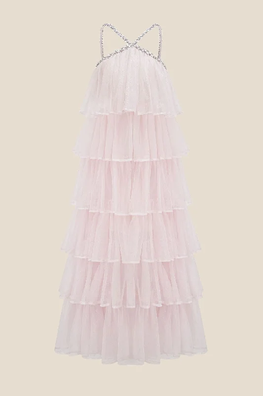 Maxi dress with casual chic-Light Pink Tiered A-line Long Dress with Diamonds