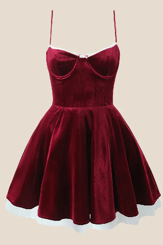 Mini dress with frilly details-Spaghetti Straps Burgundy Velvet Mini Dress