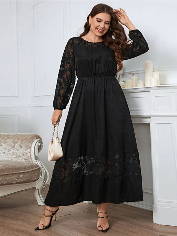 Gold cocktail dress-Plus size knee length lace long sleeve dress