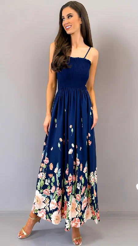 Maxi dress with metallic finish-4-A1725 Berna Navy Print Maxi Dress