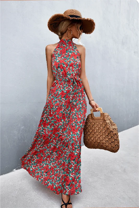 Maxi dress with adjustable straps-Printed Sleeveless Tie Waist Maxi Dress