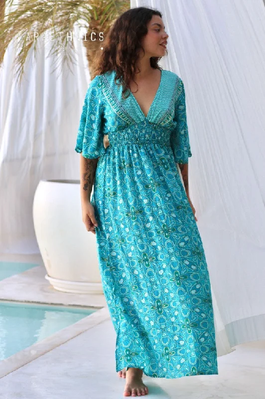 Maxi dress with tie waist-Seraphine turquoise long dress