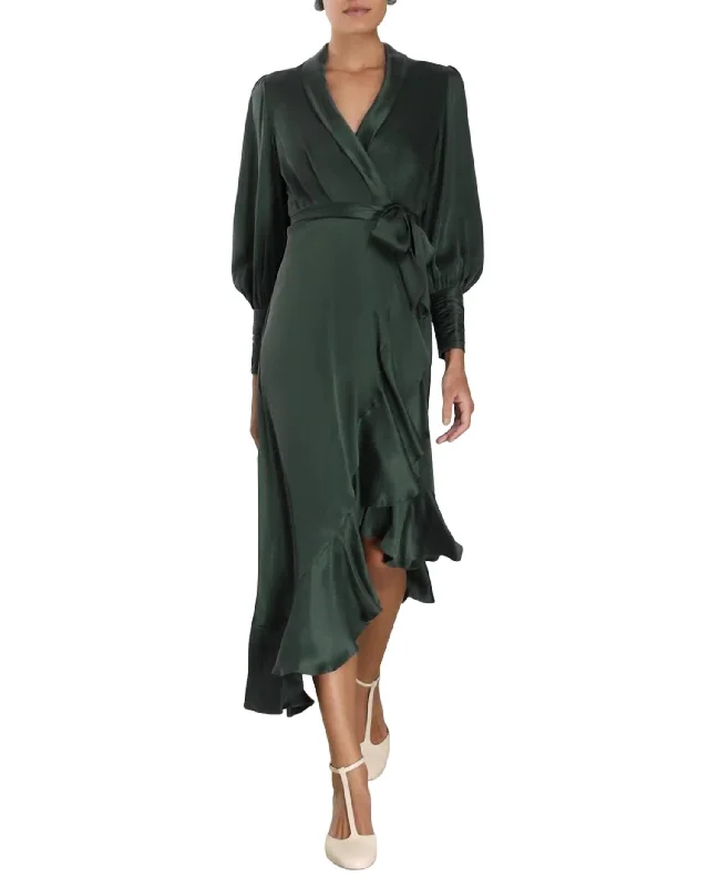 Midi dress with knot front-Wrap Midi Dress In Dark Green