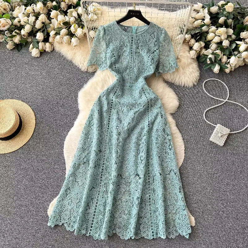 Maxi dress with halter neck-round neck ruffle sleeve lace dress women's new elegant long skirt    S4554