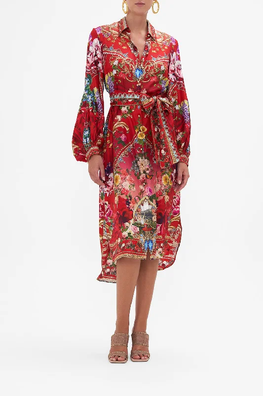 Midi dress with embroidered flowers-HIGH LOW MIDI SHIRT DRESS RITES OF ROSES