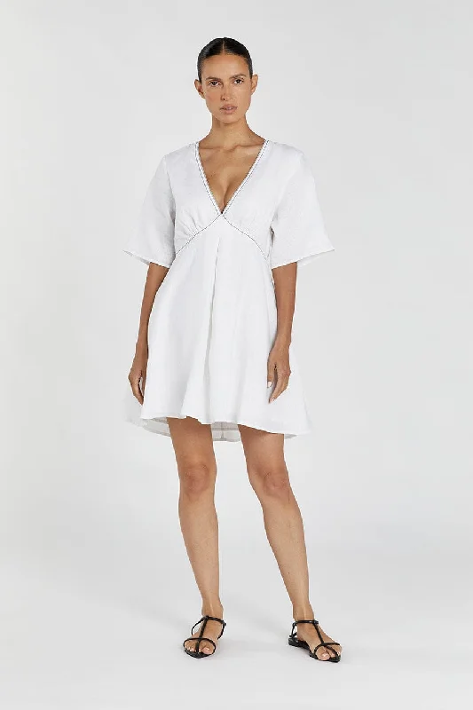 Mini dress with quilted design-RHODES WHITE LINEN MINI DRESS