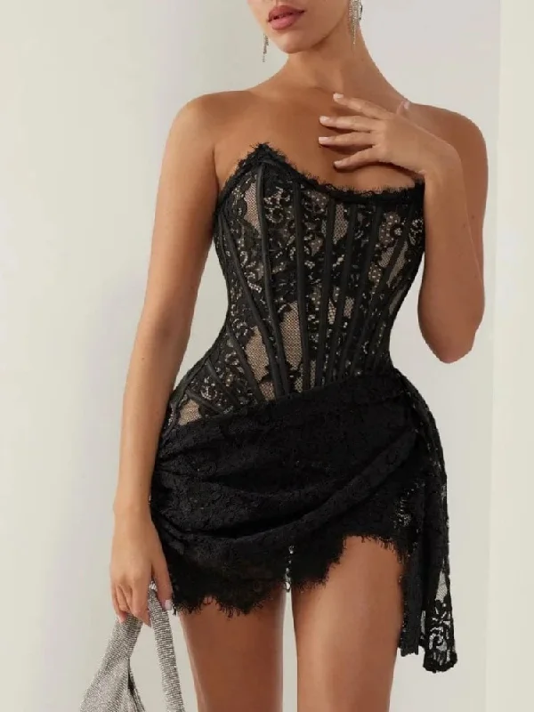 Mini dress with shimmer fabric-Strapless Lace Corset Mini Dress - Sleeveless Bodycon Christmas Party Dress