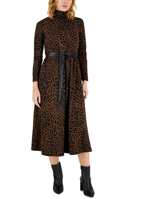 Midi dress with funky flair-Petites Womens Turtleneck Animal Print Midi Dress