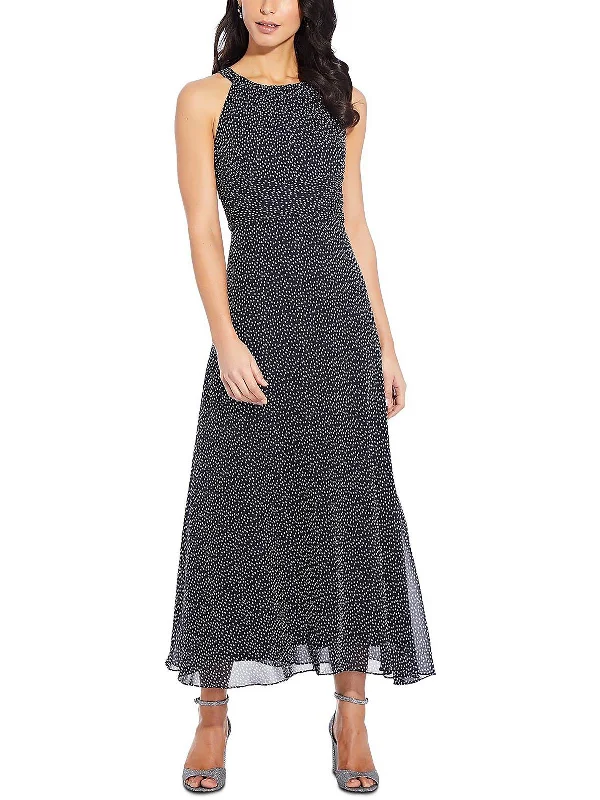 Maxi dress with open back-Petites Womens Chiffon Polka Dot Maxi Dress