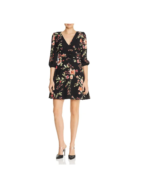 Cocktail dress with illusion back-Womens Floral Print V-Neck Cocktail Dress