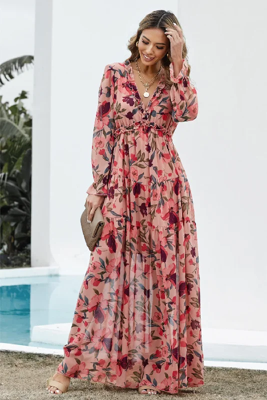 Maxi dress with zen vibes-Floral Frill Trim Flounce Sleeve Plunge Maxi Dress