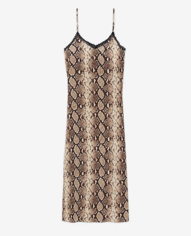 Maxi dress for summer-Long Snakeskin Print Babydoll Dress | Women | Beige