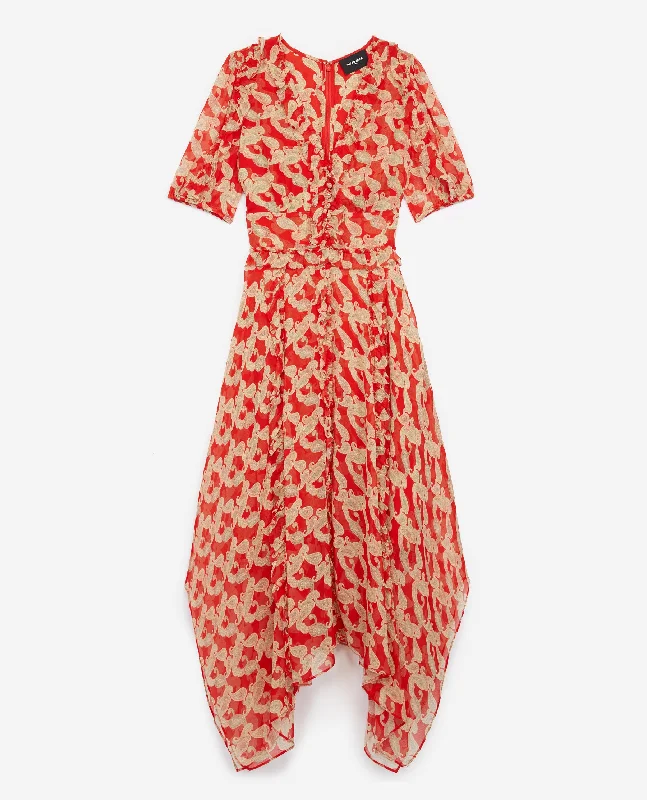 Maxi dress with ruffled hem-Long Printed Dress With Frills | Women | Red x Ecru