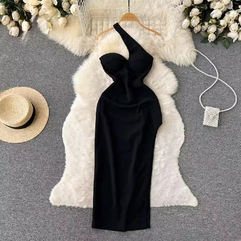 Maxi dress with sporty look-Black sleeveless one-shoulder long dress fo sexy dress    S4633r women with fashionable design irregular