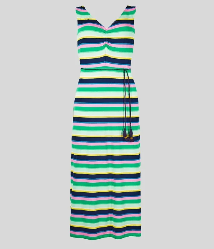 Maxi dress with lace details-Striped Ruched Maxi Dress