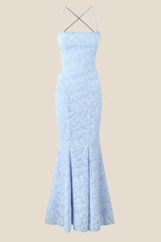 Maxi dress with bohemian vibes-Straps Light Blue Lace Mermaid Maxi Dress