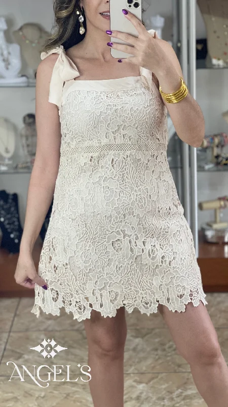 Mini dress with glitter accents-Cream Lace Mini Dress