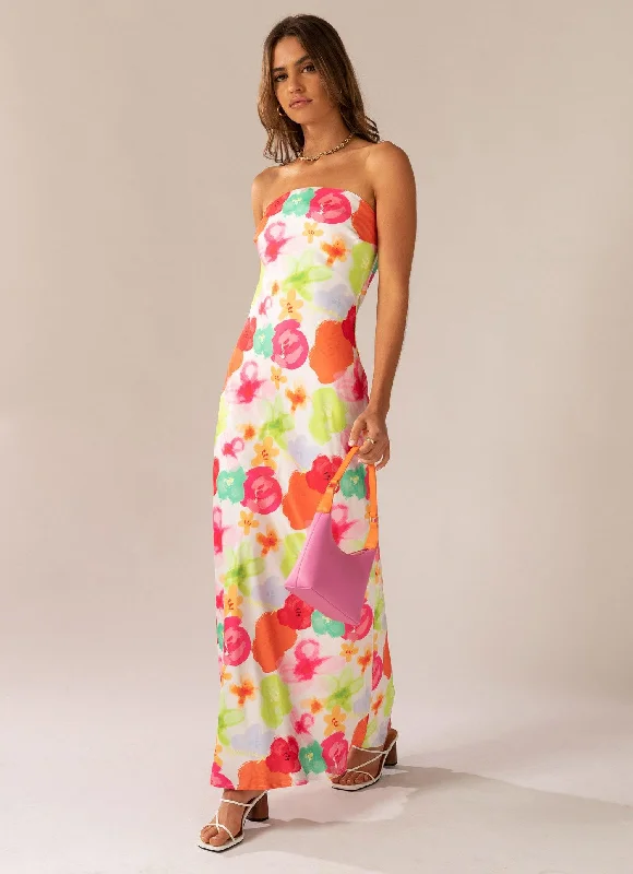 Maxi dress with glitter accents-No Service Satin Maxi Dress - Blurred Blossom