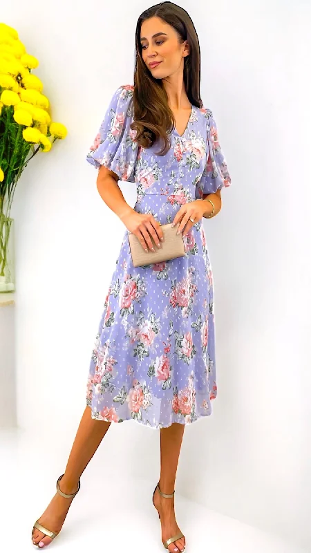 Cocktail dress with satin-4-A1686 Alice Lilac Puff Sleeve Dress