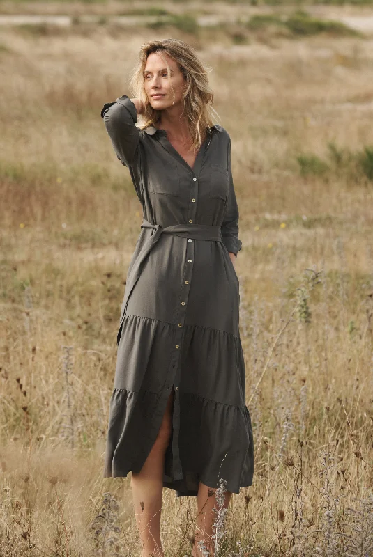 Maxi dress with wrap style-Olive Maxi Shirt Dress